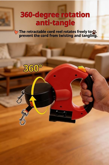 Double Retractable Dog Leash for Two Dogs, with LED Light, Reflective Strips, Tangle-Free Dual Cords, up to 10 ft, Red (Blue)