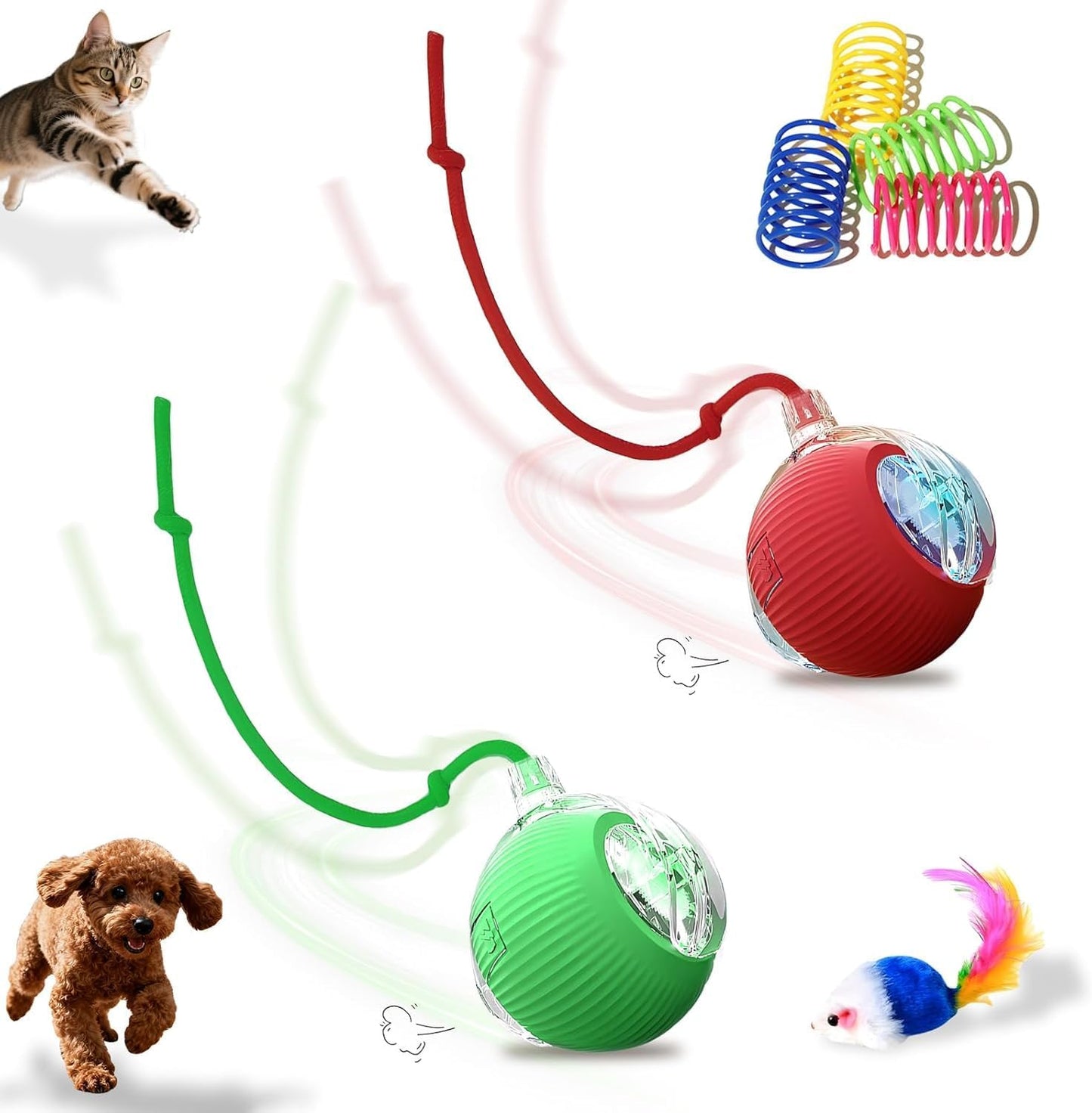 USB Rechargeable Smart Cat Toy Ball, 360° Rotation Automatic Moving Chase Toy, Obstacle Avoidance Interactive Play with 4 Spiral Springs, Enrichment Toys for Indoor Cats, Puppies & Small Dogs (Red)