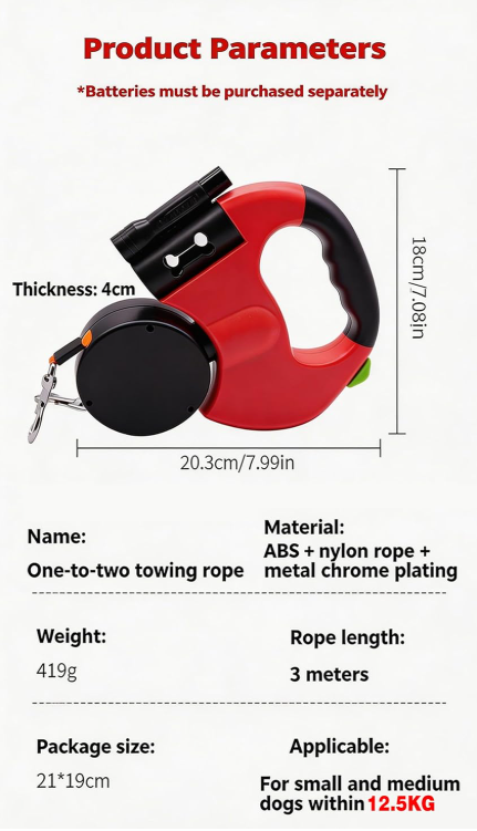 Double Retractable Dog Leash for Two Dogs, with LED Light, Reflective Strips, Tangle-Free Dual Cords, up to 10 ft, Red (Blue)