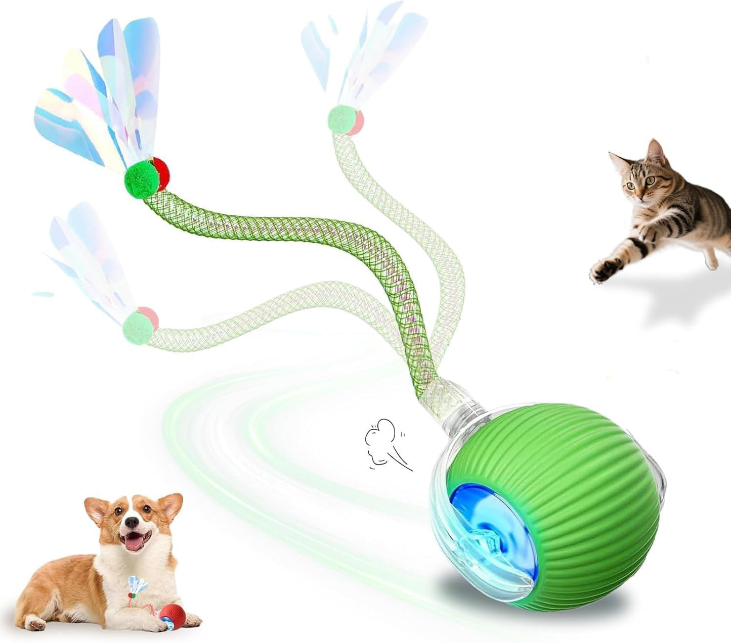 USB Rechargeable Smart Cat Toy Ball, 360° Rotation Automatic Moving Chase Toy, Obstacle Avoidance Interactive Play with 4 Spiral Springs, Enrichment Toys for Indoor Cats, Puppies & Small Dogs (Red)