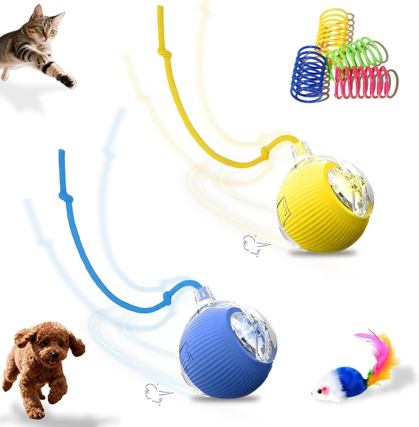 USB Rechargeable Smart Cat Toy Ball, 360° Rotation Automatic Moving Chase Toy, Obstacle Avoidance Interactive Play with 4 Spiral Springs, Enrichment Toys for Indoor Cats, Puppies & Small Dogs (Red)