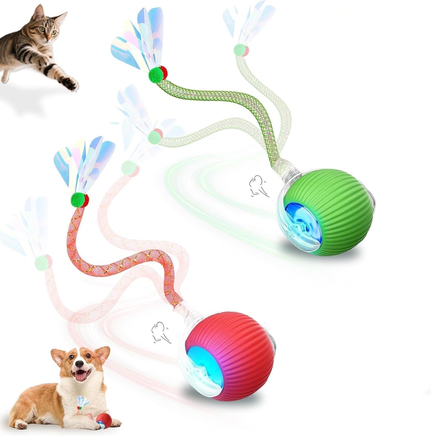 USB Rechargeable Smart Cat Toy Ball, 360° Rotation Automatic Moving Chase Toy, Obstacle Avoidance Interactive Play with 4 Spiral Springs, Enrichment Toys for Indoor Cats, Puppies & Small Dogs (Red)