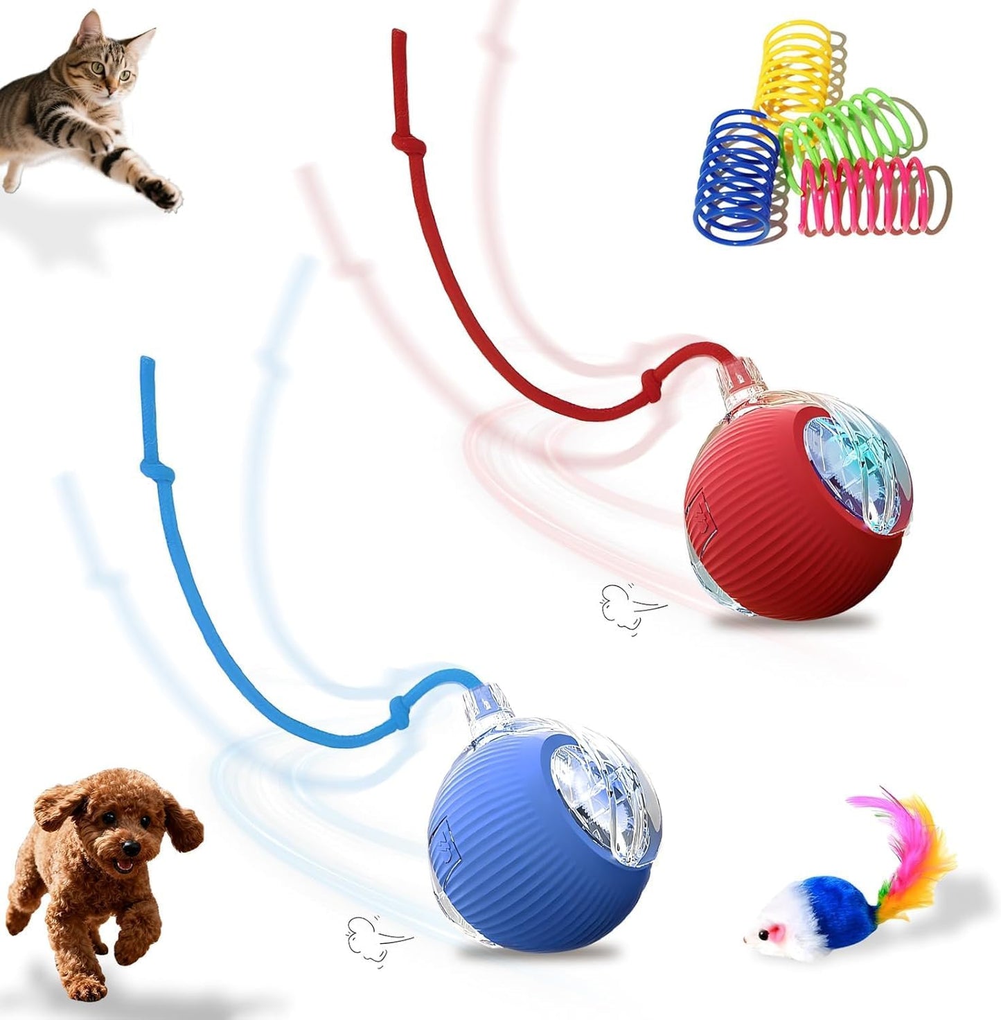 USB Rechargeable Smart Cat Toy Ball, 360° Rotation Automatic Moving Chase Toy, Obstacle Avoidance Interactive Play with 4 Spiral Springs, Enrichment Toys for Indoor Cats, Puppies & Small Dogs (Red)