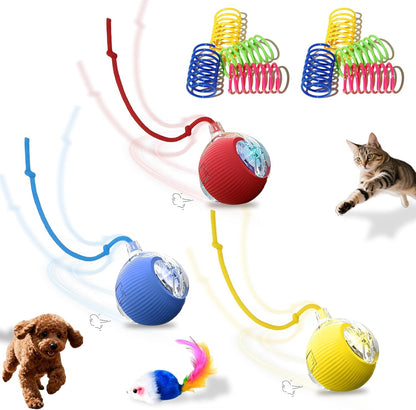 USB Rechargeable Smart Cat Toy Ball, 360° Rotation Automatic Moving Chase Toy, Obstacle Avoidance Interactive Play with 4 Spiral Springs, Enrichment Toys for Indoor Cats, Puppies & Small Dogs (Red)