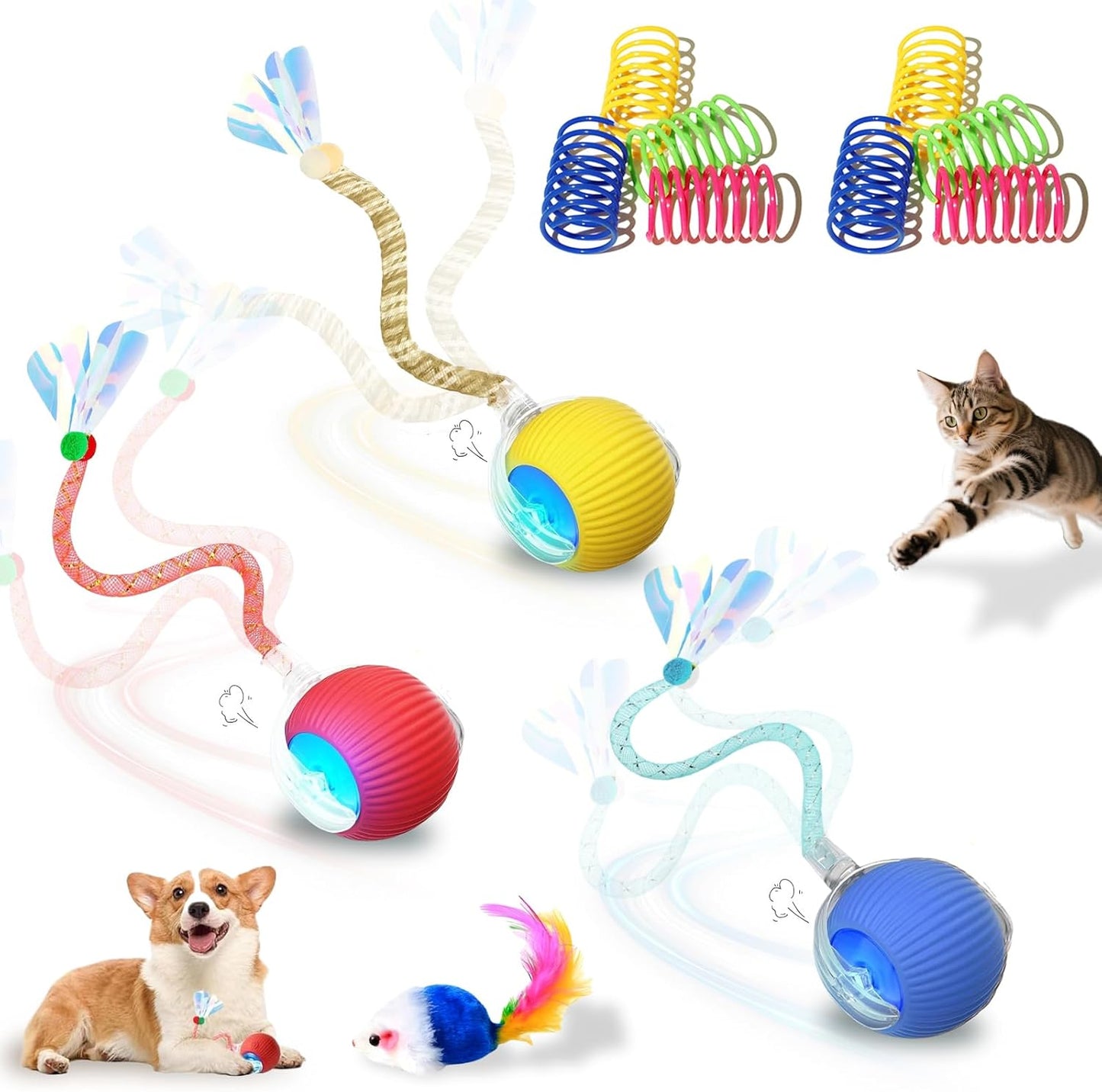 USB Rechargeable Smart Cat Toy Ball, 360° Rotation Automatic Moving Chase Toy, Obstacle Avoidance Interactive Play with 4 Spiral Springs, Enrichment Toys for Indoor Cats, Puppies & Small Dogs (Red)