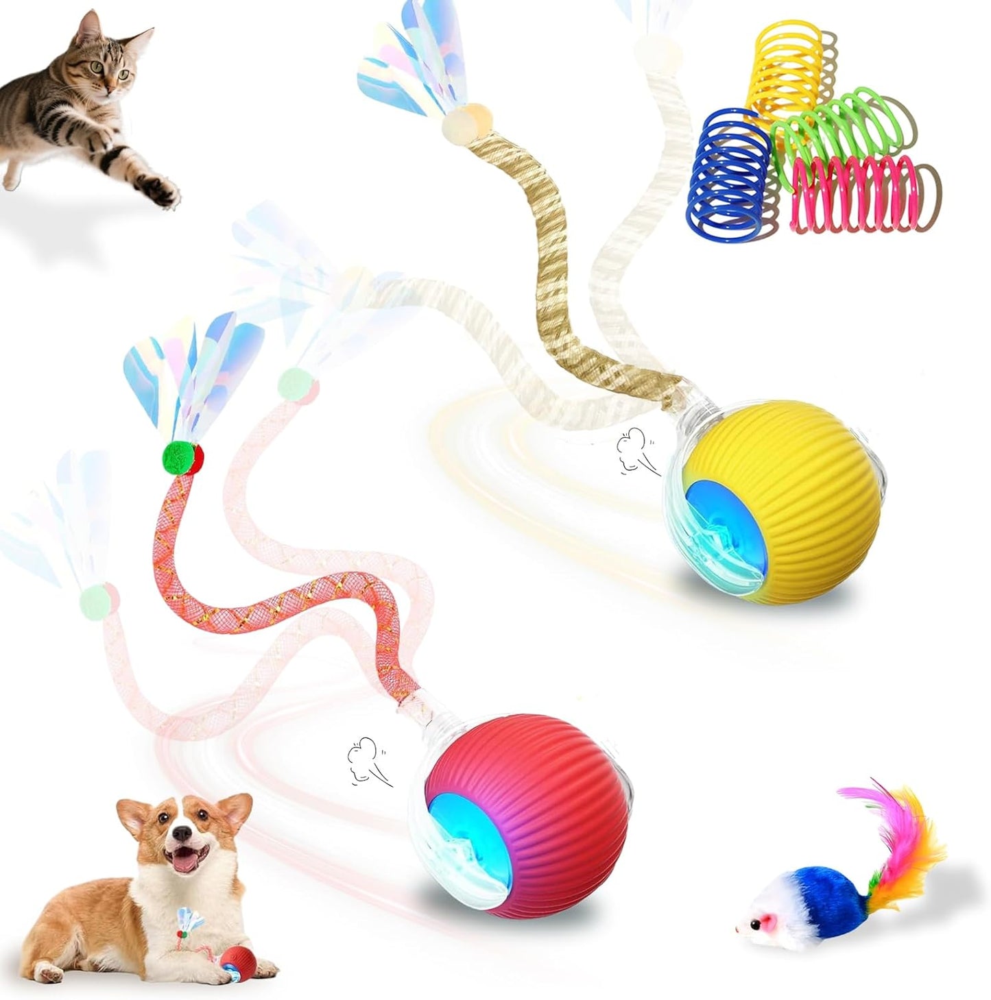 USB Rechargeable Smart Cat Toy Ball, 360° Rotation Automatic Moving Chase Toy, Obstacle Avoidance Interactive Play with 4 Spiral Springs, Enrichment Toys for Indoor Cats, Puppies & Small Dogs (Red)