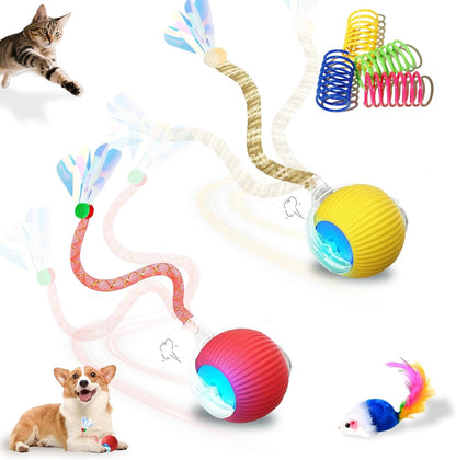 USB Rechargeable Smart Cat Toy Ball, 360° Rotation Automatic Moving Chase Toy, Obstacle Avoidance Interactive Play with 4 Spiral Springs, Enrichment Toys for Indoor Cats, Puppies & Small Dogs (Red)