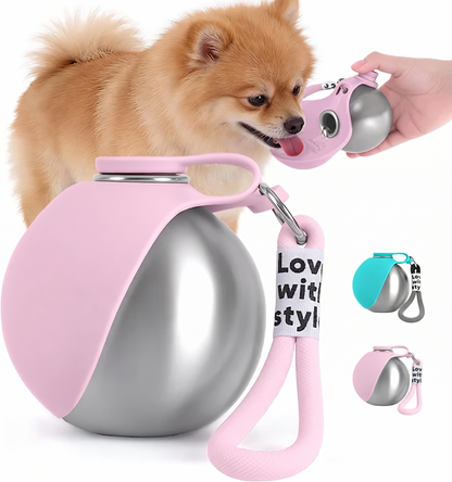 Portable 10oz Stainless Steel Dog Water Bottle with Bowl – No-Spill Travel Dispenser for Walking & Hiking Puppies