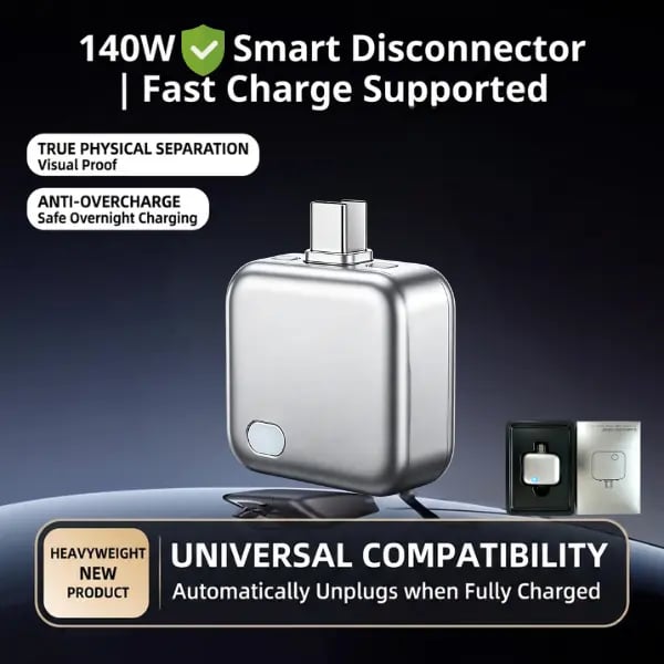 🔋140W Smart Auto-Stop Eject Charger – Safe Anti-Overcharge Physical Disconnect Battery Guard 🛡️